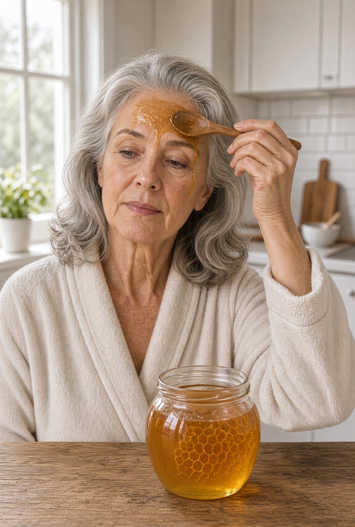 Woman applying honey to forehead
